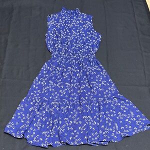 Sleeveless Royal Blue Floral Midi Dress with Smocked Waist